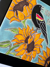 Load image into Gallery viewer, framed 6"x6" red wing blackbird "you are my sunshine" sunflower tile